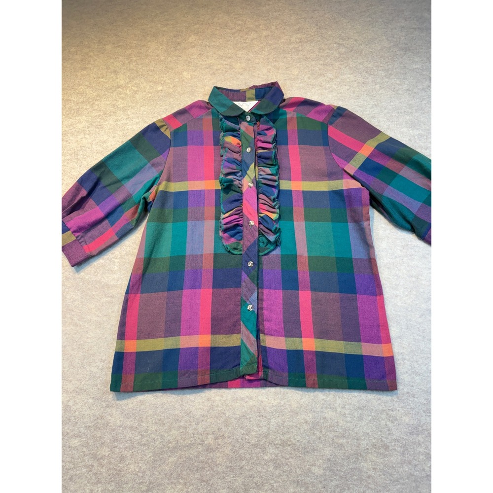 Cheryl Tiegs Vintage Plaid Ruffle Front Blouse Multi Color Cotton Size 8
